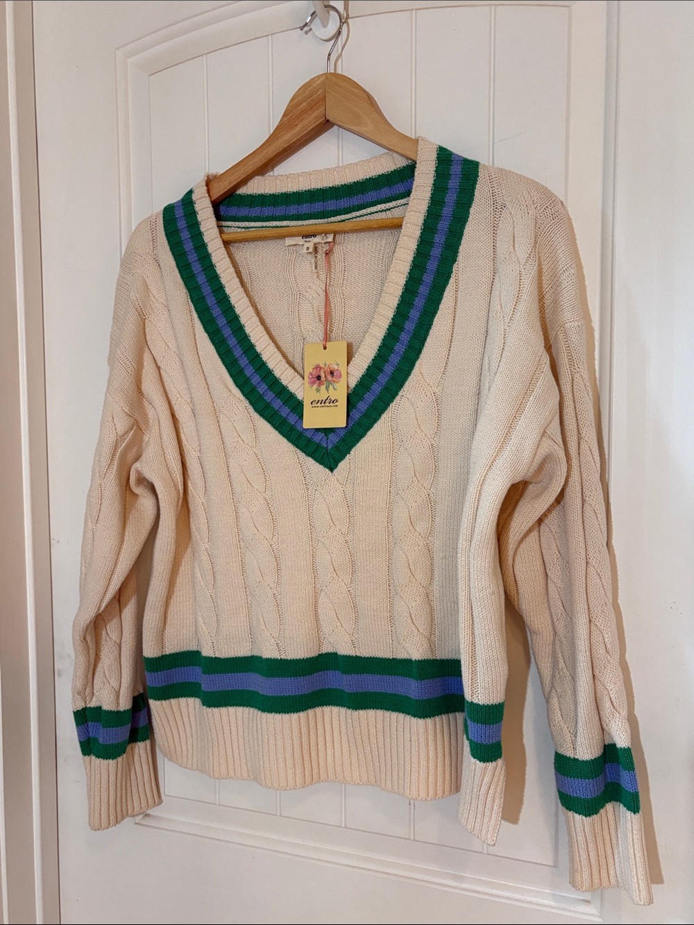 entro Cream Cable V-Neck Sweater with Green & Purple Stripes